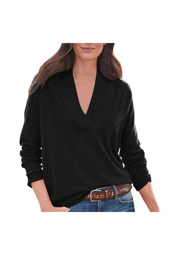 Sweaters For Women Solid Color V Neck Long Sleeve Capless Commuting Comfort Jacket Lightweight Knit Pullover Jumper Tops Soft Tought Sweaters
