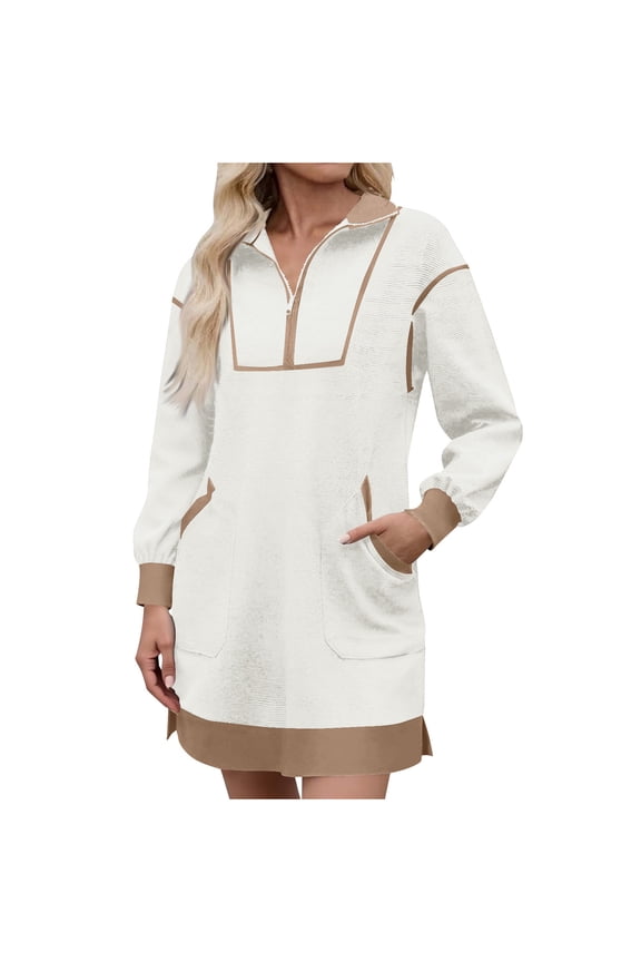 Sweatshirt Dress for Women Half Zipper V-Neck Long Sleeve Sports Shirt Skirt with Pockets
