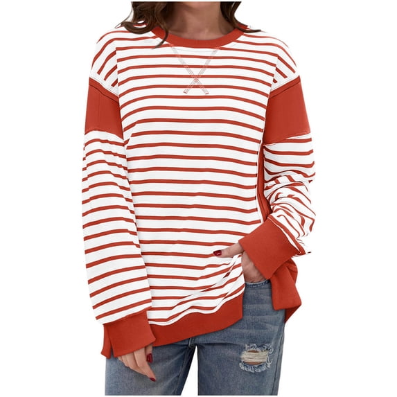 Npasoilc Sweatshirts for Women Fall Winter Trendy Long Sleeve Round Neck Side Slit Comfort Pullover Blouse Tops Striped Color Block Casual Loose Hoodless Hoodies