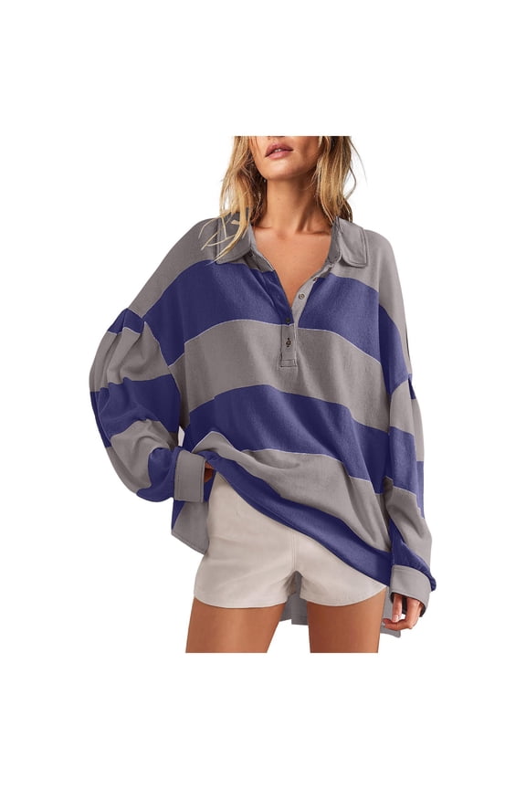 Sweatshirts for Women Trendy Drop Shoulder Long Puff Sleeve Button Up Lapel V-Neck Oversized Pullover Blouse Tops Striped Color Block Casual Loose T-Shirts