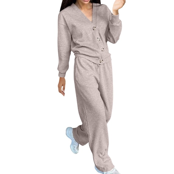 Npasoilc Sweatsuits For Women 2 Piece Outfits Sweatsuit Set Long Sleeve Button Sweatshirt Wide Leg Sweatpants Lounge Set V Neck Cardigan Tracksuits