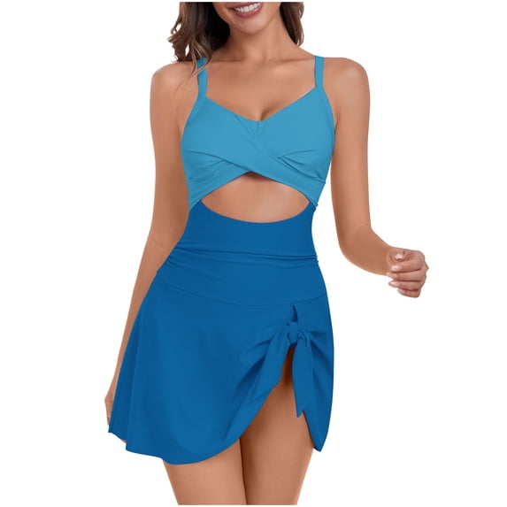 Npasoilc Swimdress Swimsuits for Women One-Piece Sexy V-Neck Criss Cross Tie Knot Swim Skirt Back Bandage Lace-Up Bathing Suit