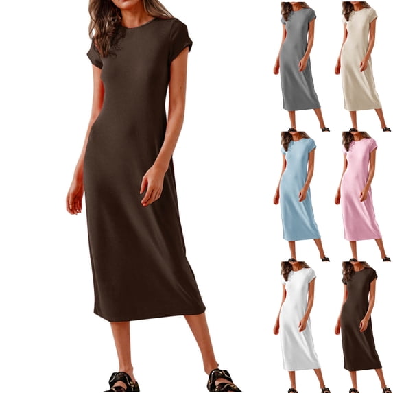 Npasoilc T-Shirt Dress for Women Crew Neck Short Sleeve T-Shirt Long Skirt Casual Solid Color Dresses