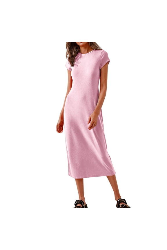 T-Shirt Dress for Women Crew Neck Short Sleeve T-Shirt Long Skirt Casual Solid Color Dresses
