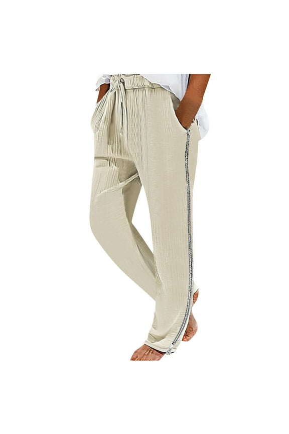 Tear Away Pants for Men Cotton Linen Drawstring Elastic Waist Side Zipper Snap Off Full Open Down Lounge Trousers Thin Breathable Sweatpants with Pockets