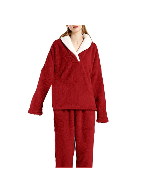 Thicknend Fleece Pajama Sets for Women Winter Pullover Lapel Hooded Long Sleeve Blouse Long Pants Comfort Warm Loungewear Sets