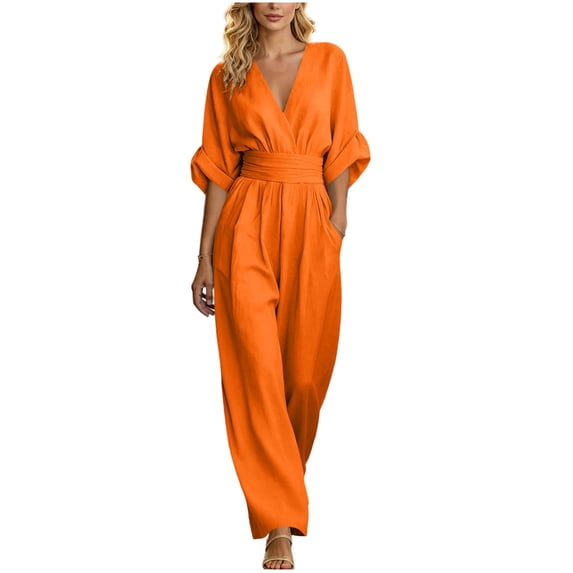 Npasoilc Tighten Waist V-Neck Five Button Sleeve Wide Leg Long Jumpsuits for Women Short Sleeve Solid