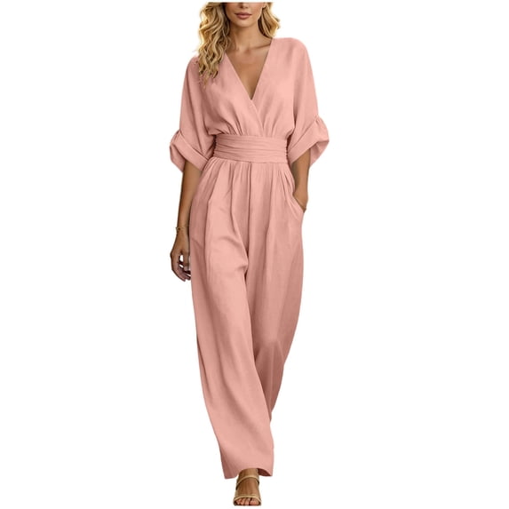 Npasoilc Tighten Waist V-Neck Five Button Sleeve Wide Leg Long Jumpsuits for Women Short Sleeve Solid