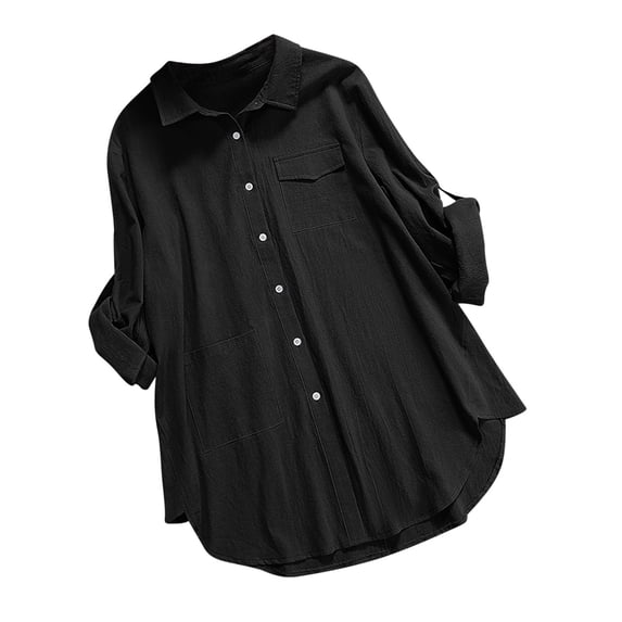 Npasoilc Tops for Women 2024 Trendy Cotton Linen Long Sleeve Button Down Turn Down Collar Curved Bottom Blouse Solid Color Casual Loose Shirts with Pockets