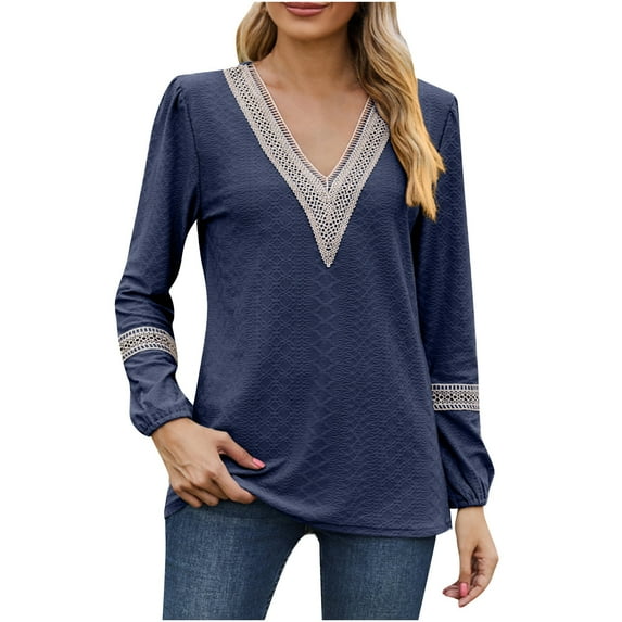 Npasoilc Tops for Women Trendy Jacquard Long Sleeve Elastic Cuff Lace Patchwork V-Neck Lightweight Breathable Blouse Solid Color Casual Loose T-Shirts