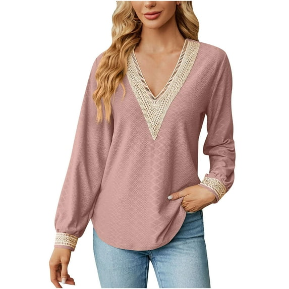 Npasoilc Tops for Women Trendy Textured Jacquard Long Sleeve Lace Patchwork V-Neck Lightweight Breathable Blouse Solid Color Casual Loose T-Shirts