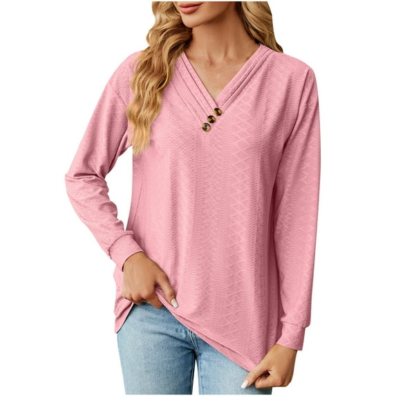Npasoilc Tops for Women 2024 Trendy Textured Jacquard Long Sleeve Tiered Pleated Button Decorated V-Neck Lightweight Breathable Blouse Solid Color Casual Loose T-Shirts
