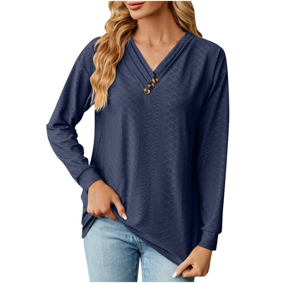 Npasoilc Tops for Women Trendy Textured Jacquard Long Sleeve Tiered Pleated Button Decorated V-Neck Lightweight Breathable Blouse Solid Color Casual Loose T-Shirts