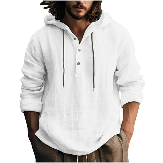 Npasoilc Tops for Men Trendy Cotton Linen Long Sleeve Button Down Lightweight Hoodie Blouse Solid Color Casual Loose Sweatshirts