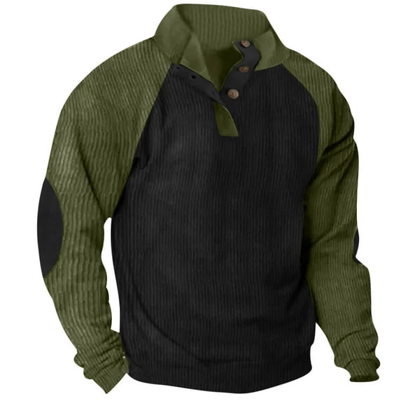 Npasoilc Tops for Men Vintage Stand Collar Long Sleeve Button Down Pullover Corduroy Henley Blouse Color Block Casual Slimming Shirts