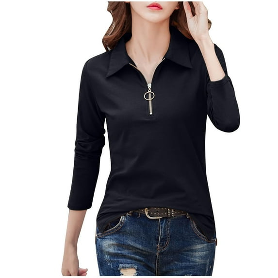 Npasoilc Tops for Women Fall Long Sleeve Front Zipper V-Neck Turn Down Collar Thin Style Blouse Solid Color Versatile Casual Loose Shirts