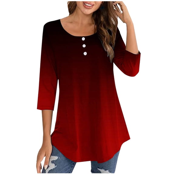 Npasoilc Tops for Women Trendy 3/4 Sleeve Button Up Decorated Round Neck Lightweight Drooping Blouses Gradient Color Casual Loose Fall T-shirts