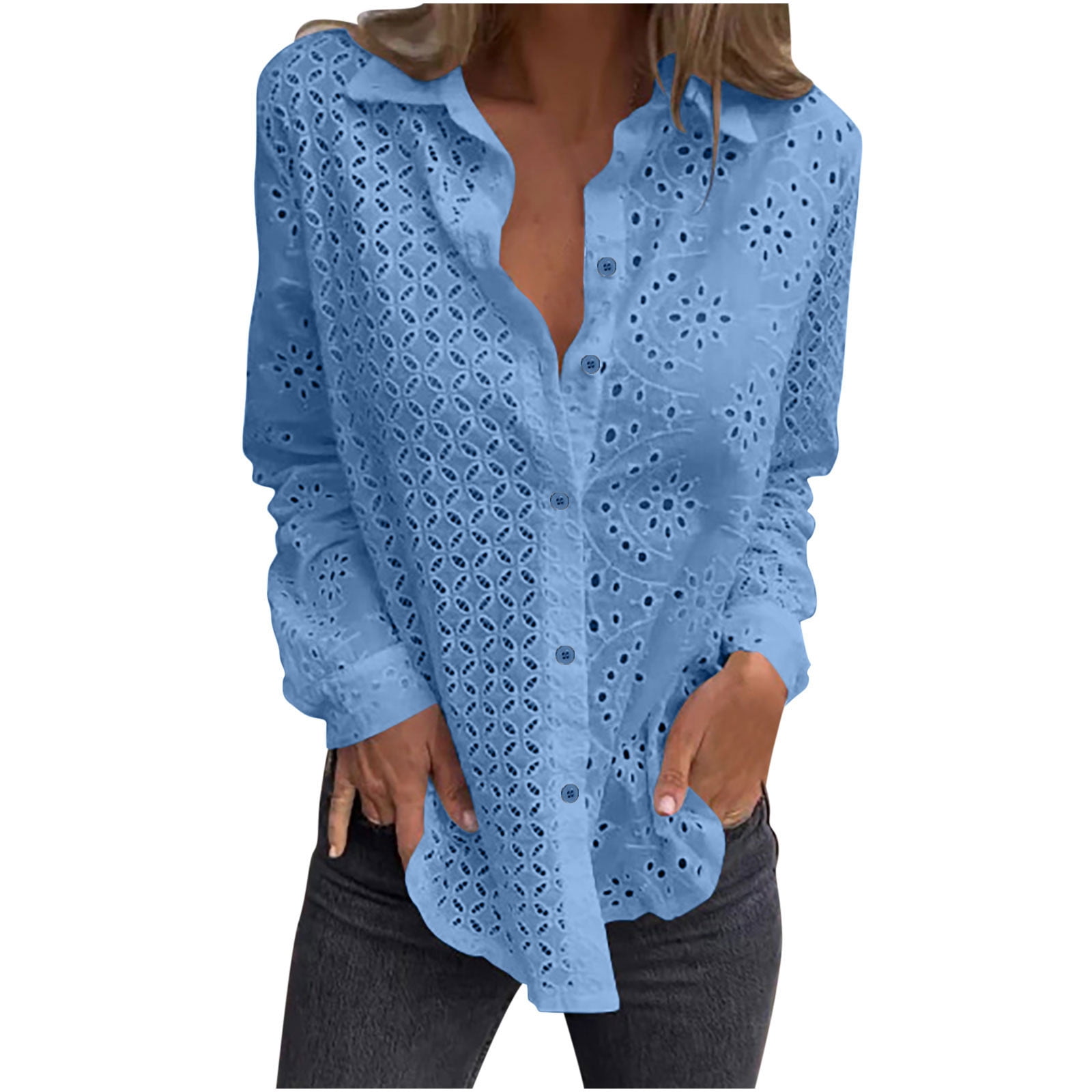 Casual Solid Lace Hollowed Out Turndown Collar Tops Casual Solid Lace Hollowed Out Turndown Collar Tops