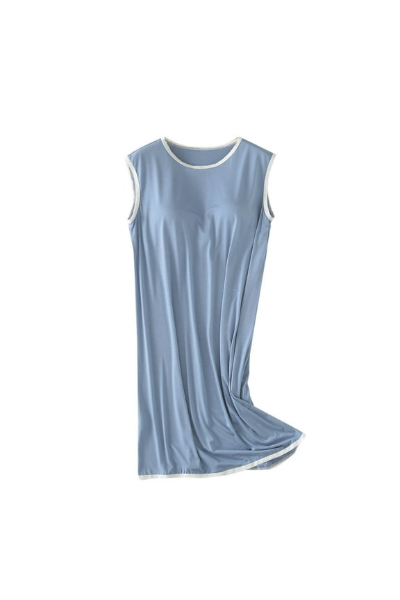 Tunic Tank Pajama Dress for Women Crew Neck Sleeveless Sleeping Dress with Chest Pad One-Piece Nightshirt Loungewear