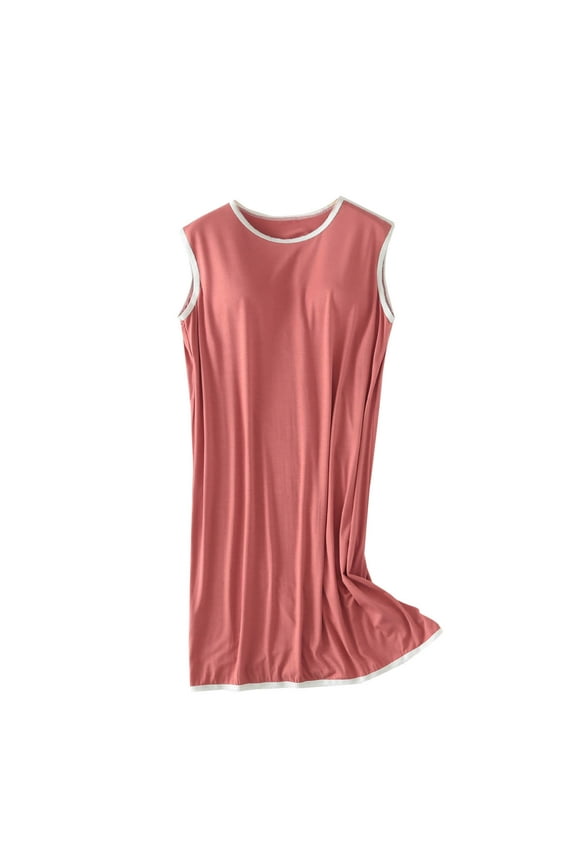 Tunic Tank Pajama Dress for Women Crew Neck Sleeveless Sleeping Dress with Chest Pad One-Piece Nightshirt Loungewear