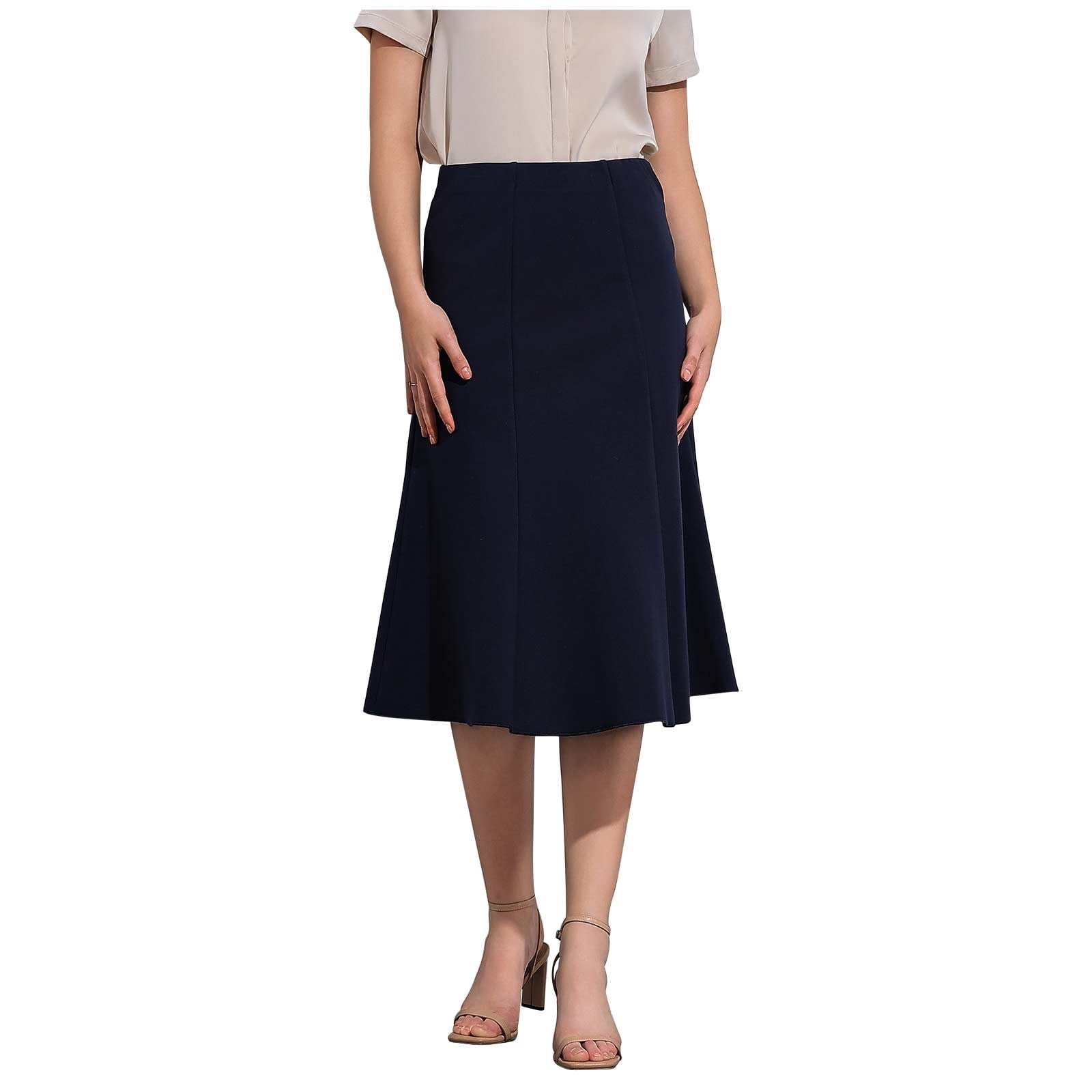 Npasoilc Umbrella Midi Skirt for Women Solid Color High Waist A