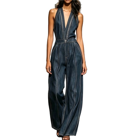 Npasoilc V-Neck Denim Pocket Long Jumpsuits for Women Sleeveless Solid Color Pants
