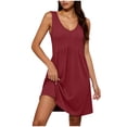 thumbnail image 1 of Npasoilc V-Neck Pleated Pocket Dresses for Women Sleeveless Loose Solid Color A-Line Mini Dress, 1 of 7