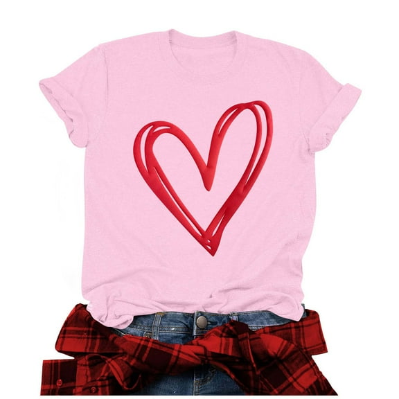 Npasoilc Valentine's Day Shirts for Women Trendy Short Sleeve Round Neck Comfort Soft Blouse Tops Valentine's Printed Casual Loose Top T-Shirt