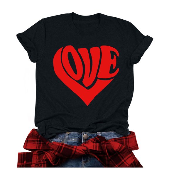 Npasoilc Valentine's Day Shirts for Women Trendy Short Sleeve Round Neck Comfort Soft Blouse Tops Valentine's Printed Casual Loose Top T-Shirt