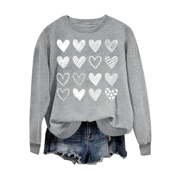 Npasoilc Valentine's Day Sweatshirts for Women Long Sleve Round Neck Fleece Lightweight Blouse Tops Valentine's Printed Casual Loose Hoodless Sweatshirts