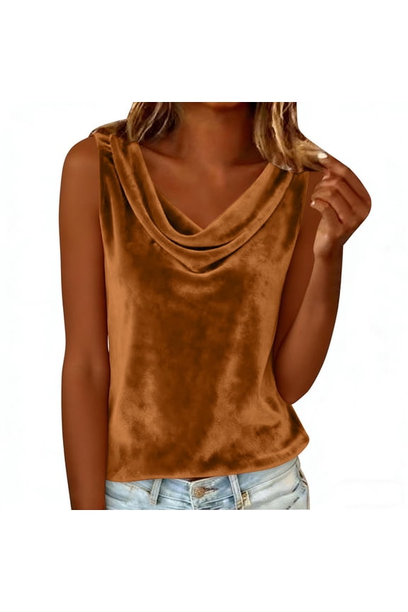 Velvet Cowl Neck Tops for Women Sleeveless Draped Collar Solid Color Elegant Casual Blouses