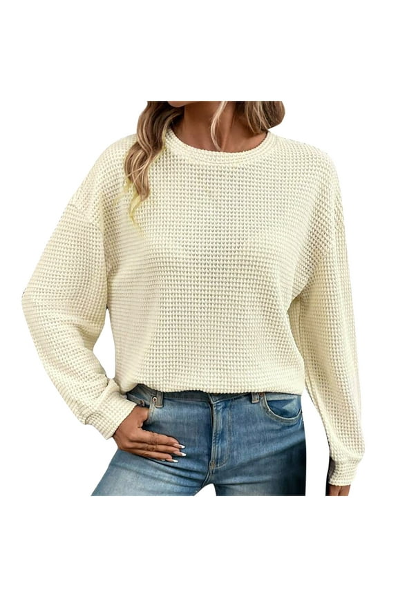 Waffle Texture Crochet Knitted Sweaters for Women 2024 Fall Winter Trendy Long Sleeve Crewneck Pullover Sweatshirt Casual Loose Soft Tops