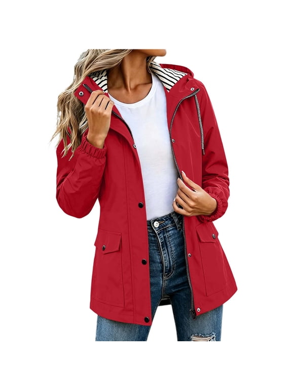 Waterproof Hooded Windbreaker Jacket for Women Solid Color Drawstring Double Pocket Outdoor Hiking Top