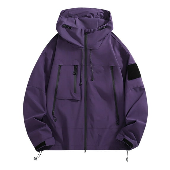 Npasoilc Waterproof Windproof Rain Coats for Men Fall Cargo Long Sleeve Hooded Casual Hiking Outwear Coat Solid Color Zipper Outdoor Interchange Coats with Multi Zip Pockets