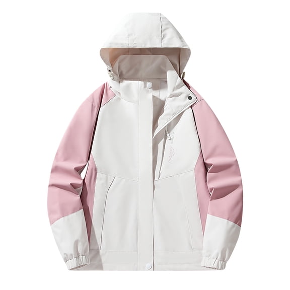 Npasoilc Waterproof Windproof Rain Jacket for Women Cargo Long Sleeve Elastic Cuffs Hiking Climbing Hooded Casual Outwear Coat Color Block Loose Zipper Outdoor Windbreaker Raincoat Jacket