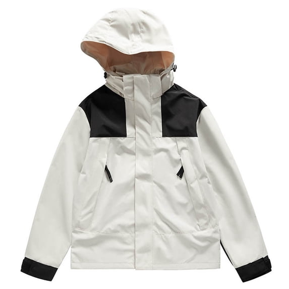 Npasoilc Waterproof Windproof Rain Coats for Women Long Sleeve Hiking Hooded Casual Outwear Coat Color Block Loose Zipper Outdoor Windbreaker Raincoat Interchange Coats