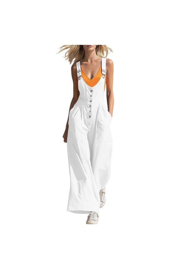 Wide Leg Cargo Jumpsuits for Women Adjustable Straps Button Front Crew Neck Sleeveless Multiple Pockets Summer Overalls