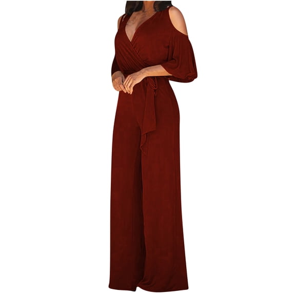 Npasoilc Wide Leg Jumpsuits for Women Solid Color Short Sleeve V-Neck Loose Fit Summer Casual Pants