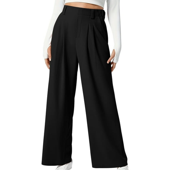 Npasoilc Wide Leg Pants For Women Casual High Waist Pleated Side Pocket Pants Loose Business Work Trousers Long Straight Leg Pants