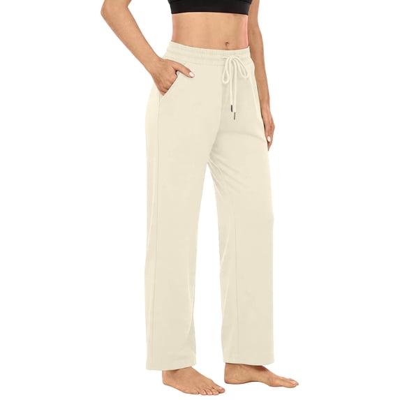 Npasoilc Wide Leg Sweatpants for Women High Waisted Elastic Drawstring Baggy Straight Leg Pants with Pockets,Beige