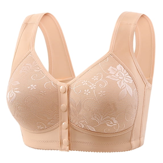 Npasoilc Wirefree Gathered Bra for Women Retro Style Middle Button Front Closure Breathable Lightweight Casual Daily Underwear