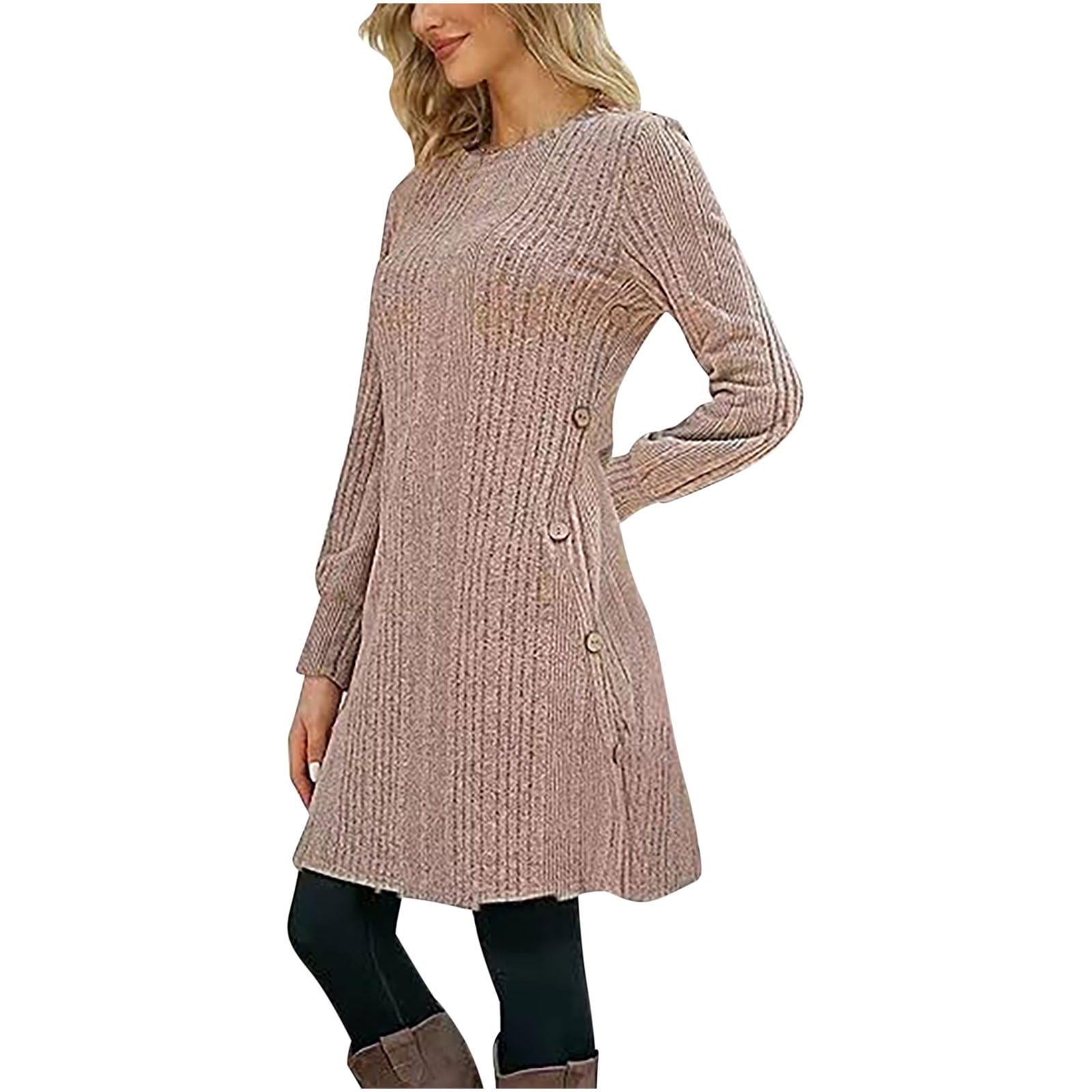 Npasoilc Wool Dresses for Women Fall Winter Trendy Long Sleeve Round Neck  Warm Dresses Side Button Decorated Textured Solid Color Casual Loose Dresses  - Walmart.com