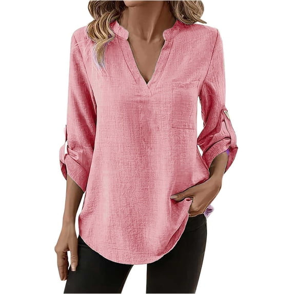 Npasoilc Wrinkled Shirts for Women Button Rolled Long Sleeve V-Neck Oullover Blouse Lightweight Breathable Tops Casual Loose T-Shirts