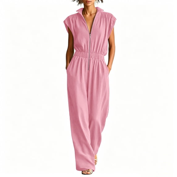 Npasoilc Zipper Collar Wide Leg Pocket Jumpsuits for Women Crew Neck Sleeveless Solid Summer Casual Pants
