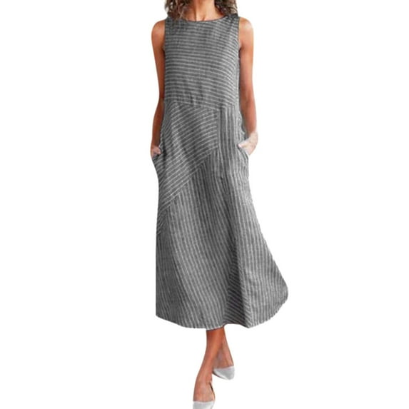 Npasoilc spring dresses for women summer tank dresses Women Casual Striped Sleeveless Dress Neck Linen Pocket Long Dress