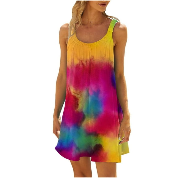 Npasoilc spring dresses for women 2024 summer tank dresses On Clearance!Women's Round Neck Sleeveless Gradient Tie Dyed Beach Dress