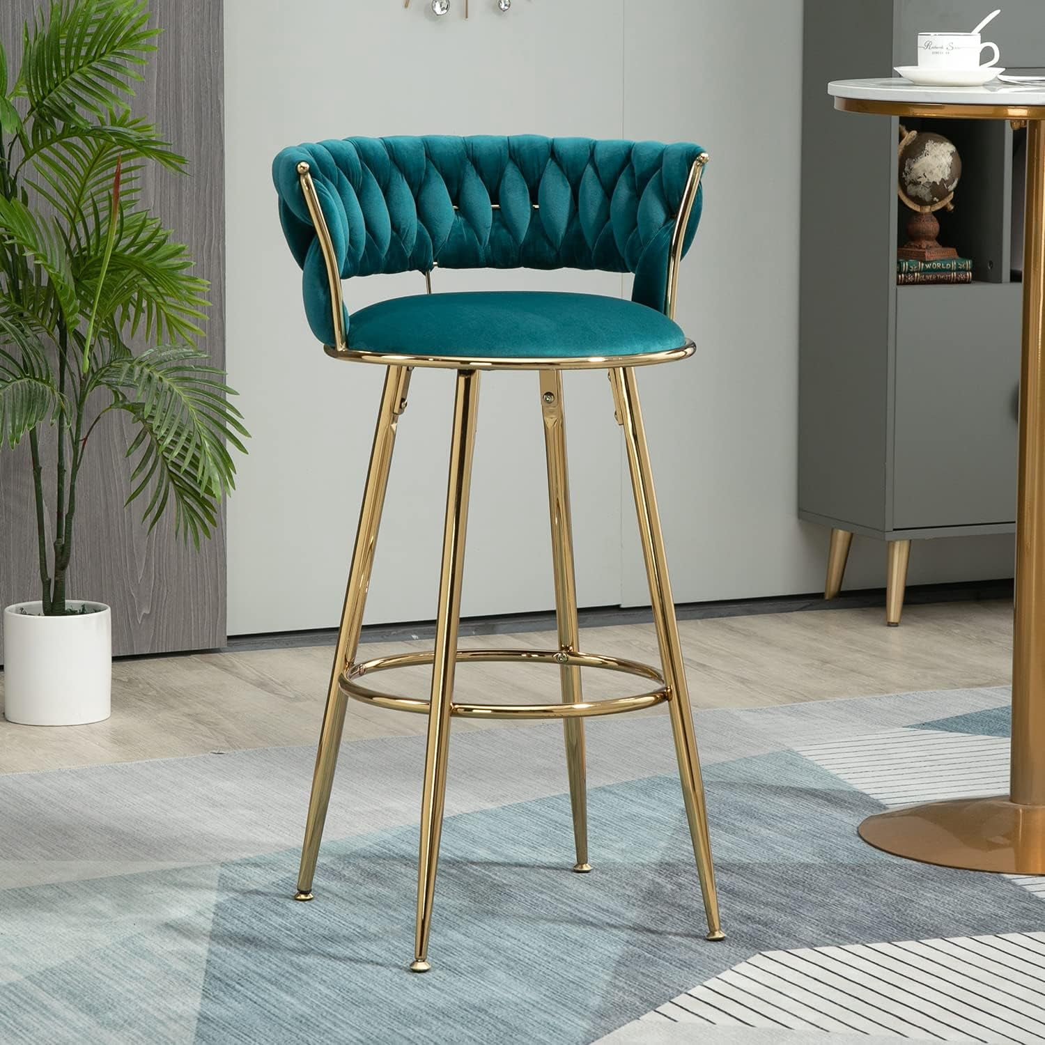 Nrizc Velvet Modern Bar Stools, Woven Bar Stool with Back and Gold Footrest, Counter Height Bar ...