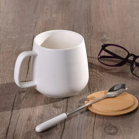 Nrmrqz Ceramic Coffee Mug Set with Lid & Spoon - 12.4oz Big Belly Cup - Black & White Concise Style - Stackable Designs for Home or Office - 1 Piece