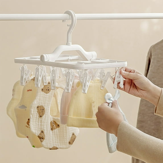 Nrmrqz Foldable Clothes Drying Rack with 16 Windproof Clips - Non-Slip Multi Clip Hanger for Underwear, Socks, Towels - White Plastic Drying Rack - Portable Laundry Organizer