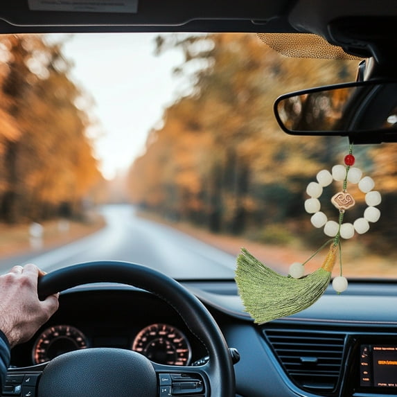 Nrmrqz Handwoven Plastic Car Rearview Mirror Pendant - White, 24x6x4 cm, Decorative Hanging Accessory for Men & Women, Enhances Vehicle Interior